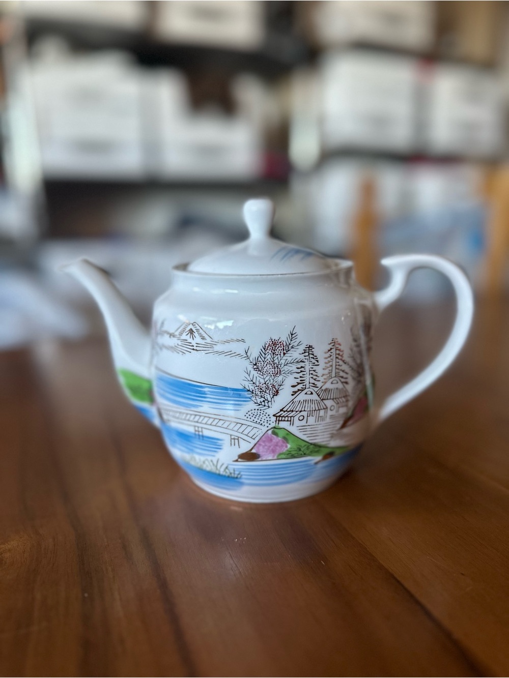 Vintage Hand painted White Porcelain Teapot with Blue and Green Scenic Motif